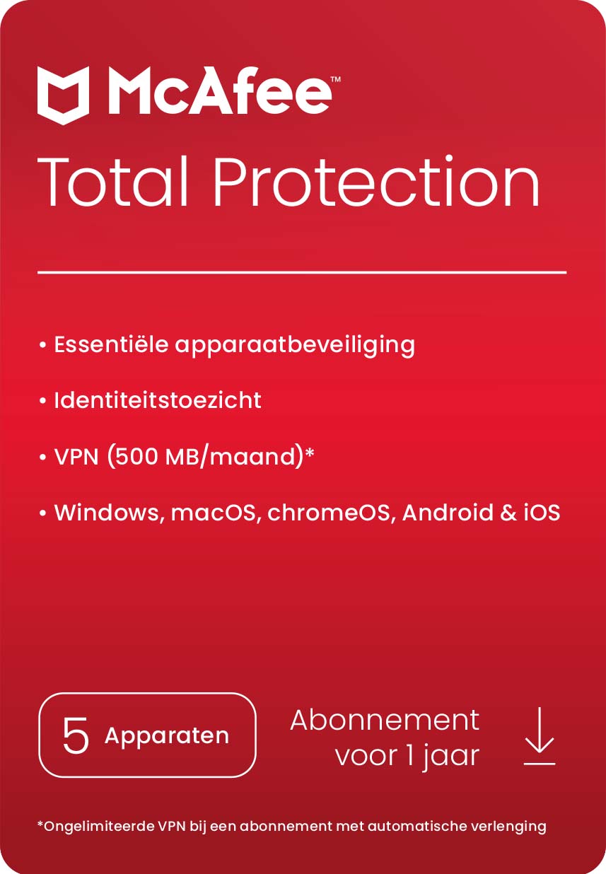 McAfee Total Protection 2021 | 5Apparaten - 1jaar | Windows - Mac - Android - iOS
