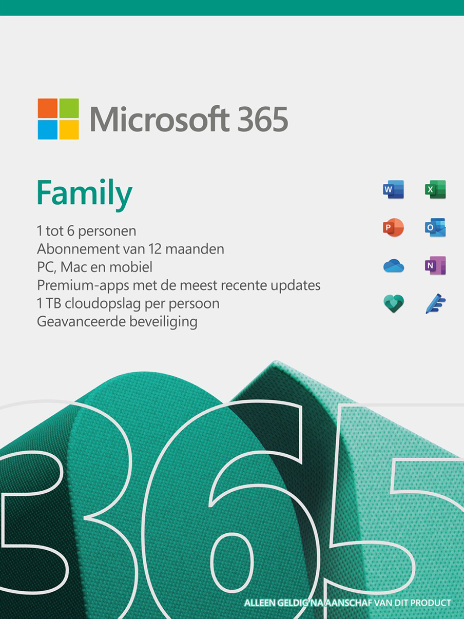 Microsoft 365 Family 6 Gebruikers 1 jaar. Word, Excel, Powerpoint, Outlook en Onedrive kopen.