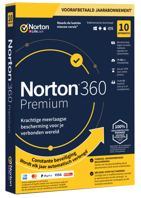 Norton 360 Premium | 10-Apparaten | 1-Jaar | 2021 | Windows | Mac | Android | iOS | 75GB Cloud Opslag